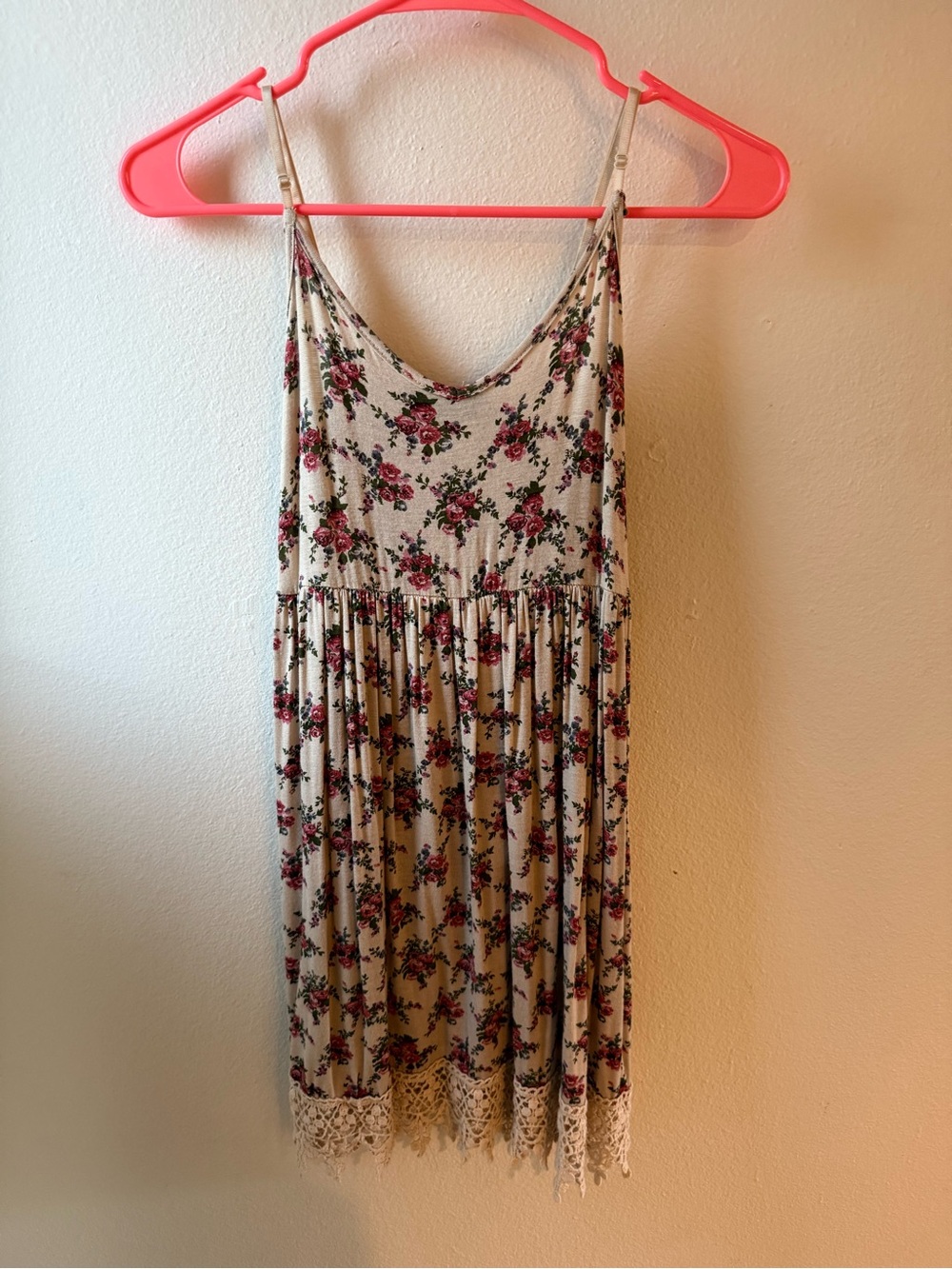 Deb Cream Mini Dress with Pink Floral Print and Lace Hem